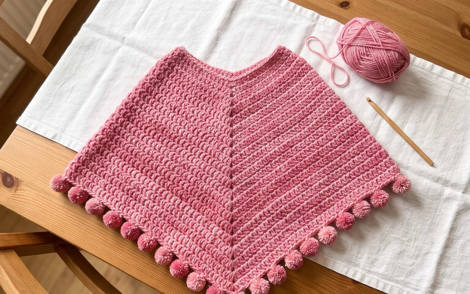 Poncho mit Pompon-Rand häkeln: Einfache Anleitung